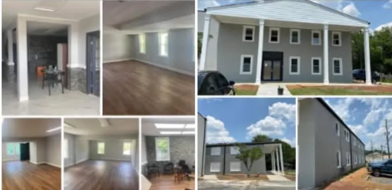 Collage of renovated interior rooms and a large building exterior